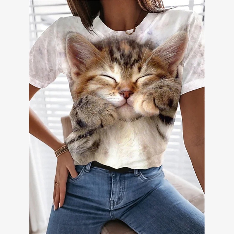 Women's Tshirt Cat 3D Printed Casual Vneck Short Sleeved Tshirt