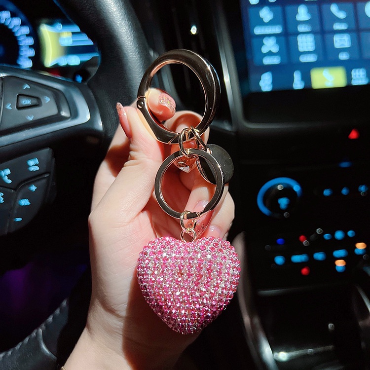 Sparkly Heart Key Ring With Rhinestones - Pink Car Keychain For Women