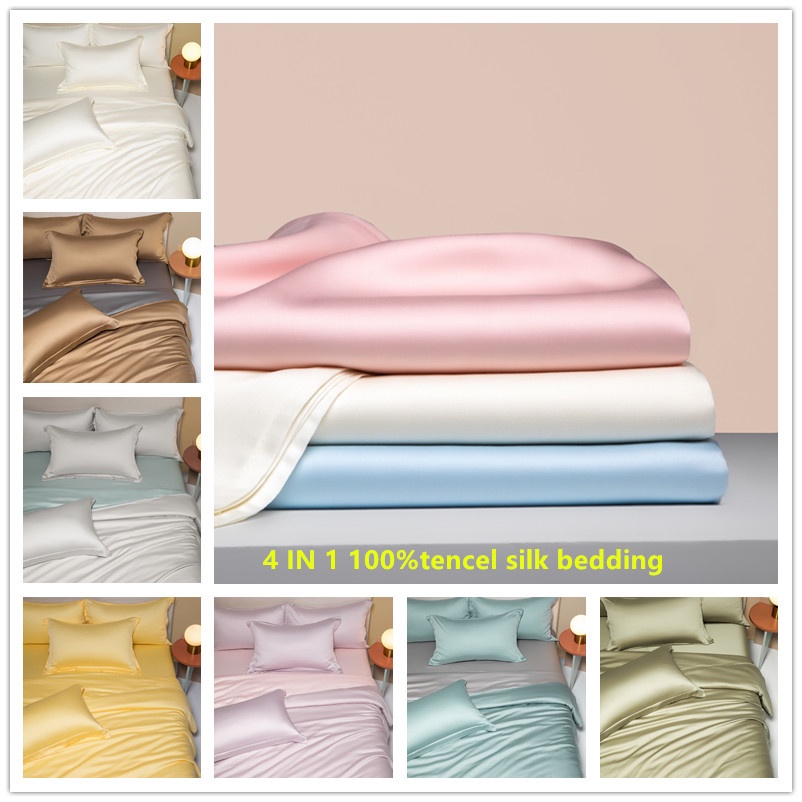 4 IN 1 100Tencel Silk Bed Sheet Set Queen/King Size Luxury Smooth