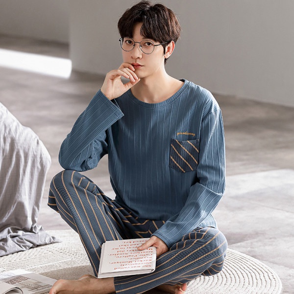 Plus size Pyjamas Set Loungewear Men Cotton Long sleeve Pajamas Sleepwear  Man Grid Stripe Autumn Nightwear L-4XL 3020 L