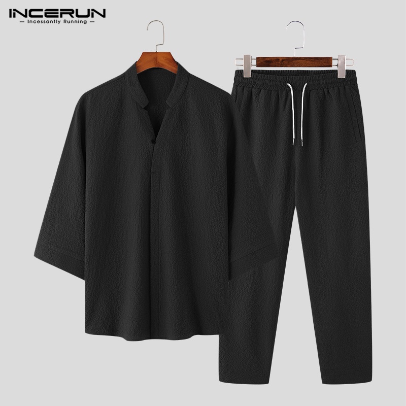 INCERUN Men's Chinese Style Versatile V-Neck Long Sleeve Two Piece Set ...
