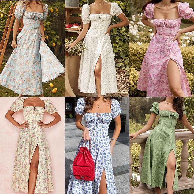 Women Floral Printed Split Dresses Square Collar Puff Sleeve Slim ...