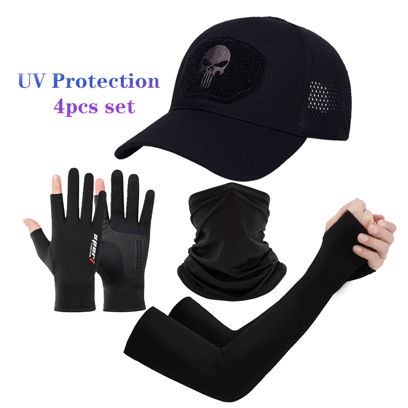 4-pcs Set Outdoor Sports Fishing Hat Scarf Gloves Sleeve Ultraviolet-proof  Breathable UV Protection for Fishing Cycling Hiking