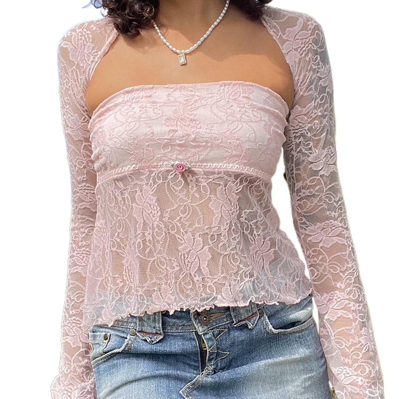 BULINGNA-Floral Lace Mesh Sheer 2 Piece Set Long Sleeve Shrug T-shirt+ ...