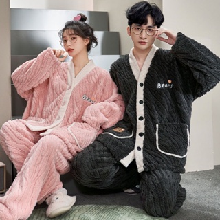 Couple Unisex Sleepwear Warm Winter Fleece Top+Pants Suit Nightwear Pyjamas  Set 