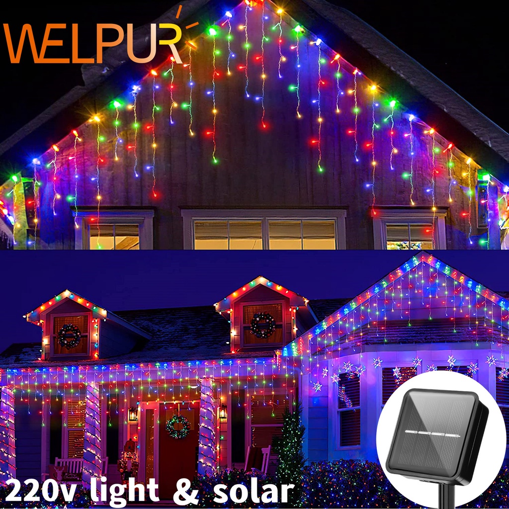 Lampu Raya 4m Solar Curtain Lights Waterproof Fairy String Lights for