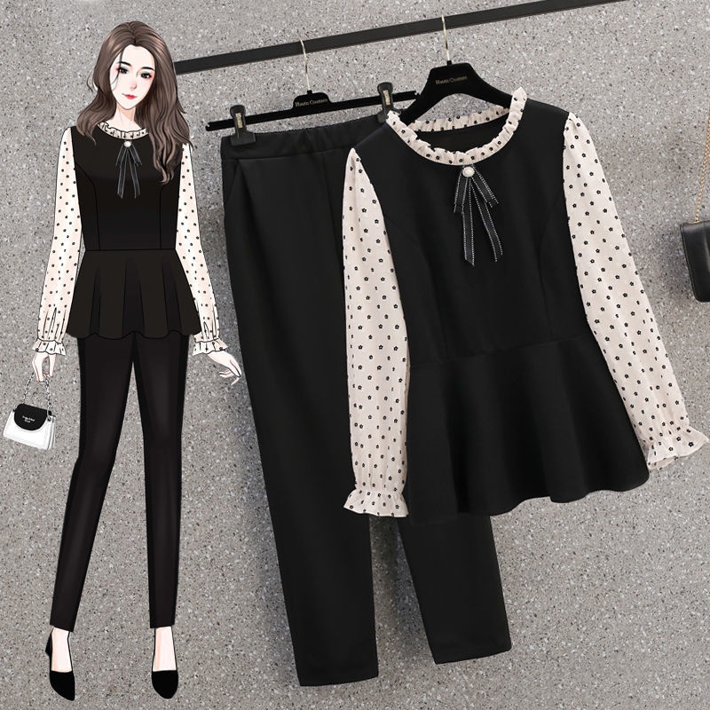 Blouse Set Women Fashionable Slimmer Look Chiffon Shirt + Elastic Waist