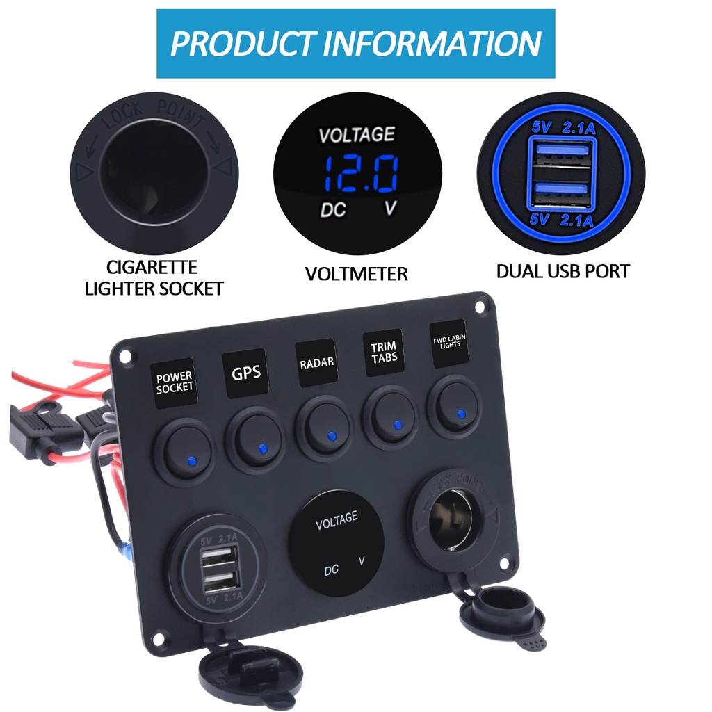 LED Rocker Switch Panel With Digital Voltmeter Dual USB Port 12V Outlet ...