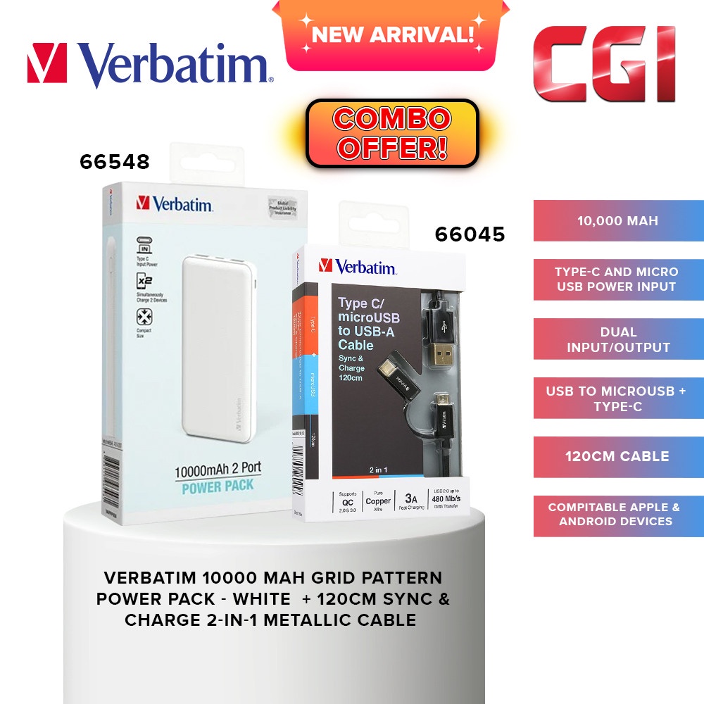 Vertabim 2-in-1 66548 10000mAh Power Pack Dual Input/Output White ...