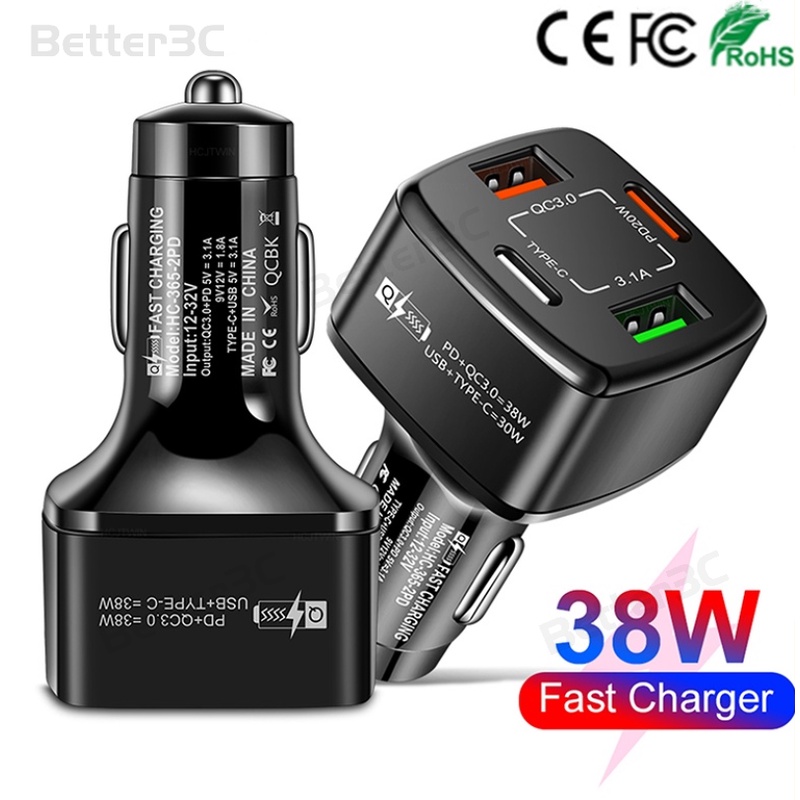38W 4 Ports Dual PD+QC3.0 Fast Charging Car Charger 18W USB TypeC PD