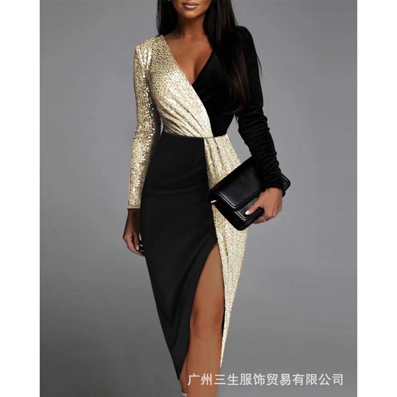 Two Tone Dress Black Gold Long Dress Dress Mid-Length Dress Long-Sleeved  Dress | Shopee Malaysia