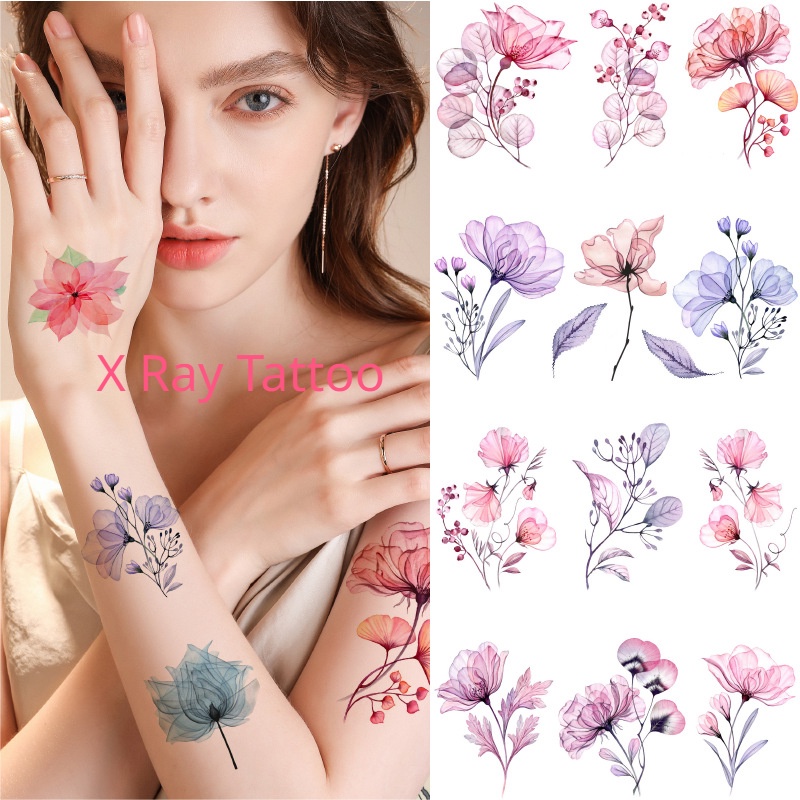 X Ray Flower Temporary Tattoos Lace Rose Lily Leaf Pink Purple Floral