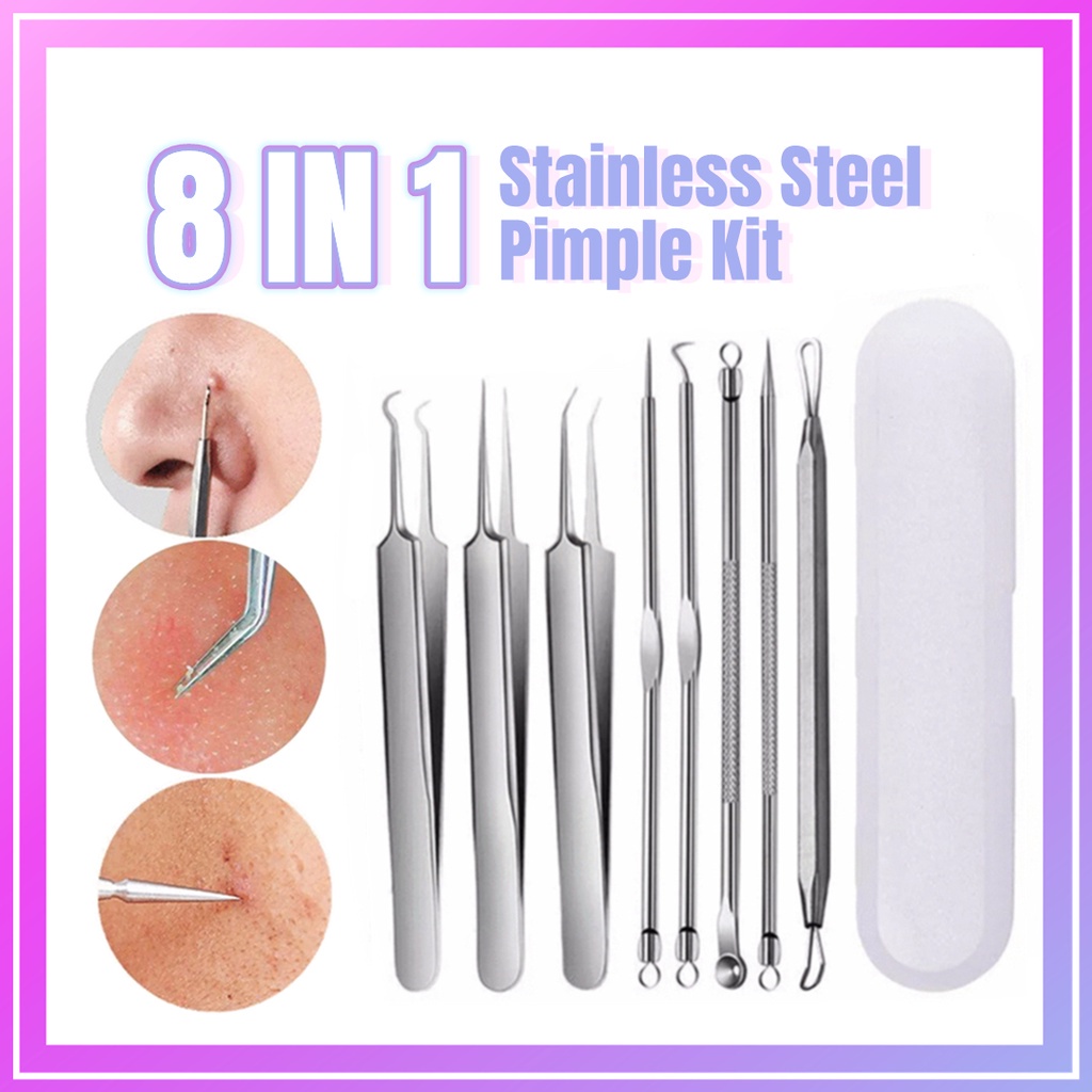 8 IN 1 Stainless Steel Acne Extractor Remover Kit Blackhead Clip Pimple ...