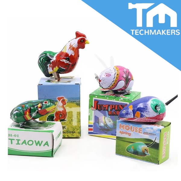 80s Retro Iron Wind Up Toy Handicraft Jumping Rooster/Rabbit/Frog/Mice Vintage Handmade Iron Tin Metal Toy Collection
