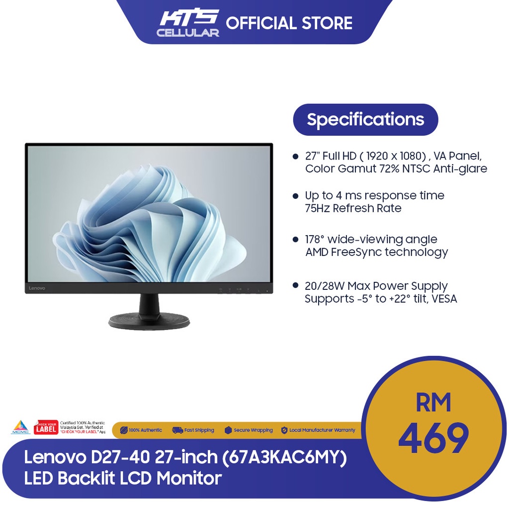 Lenovo D27-40 27-inch (67A3KAC6MY) LED Backlit LCD Monitor - Original 3 ...