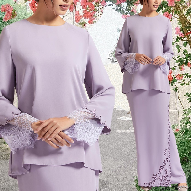 Lace Baju Kurung Sulam With Embroidery Baju Hitam Lilac Premium Overlap Kebaya Plain Baju Raya