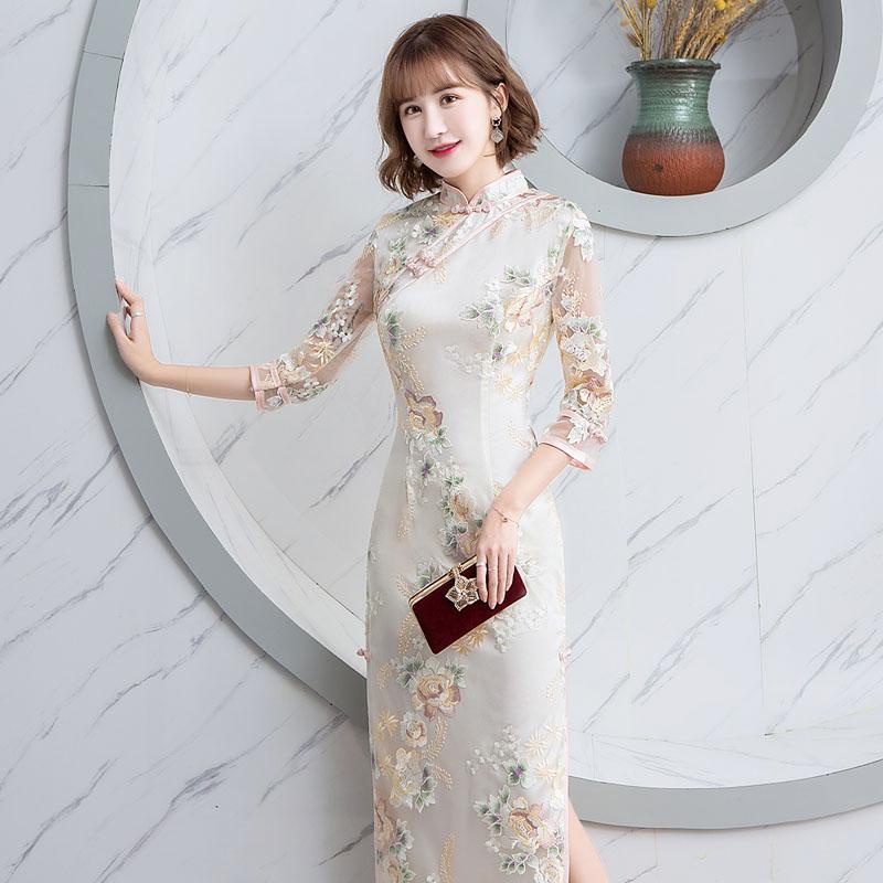 Embroidery Long Sleeve Cheongsam Maxi Dress Modified Chinese Style Dignified Elegant Thin Daily Banquet Evening Dress Shopee Malaysia