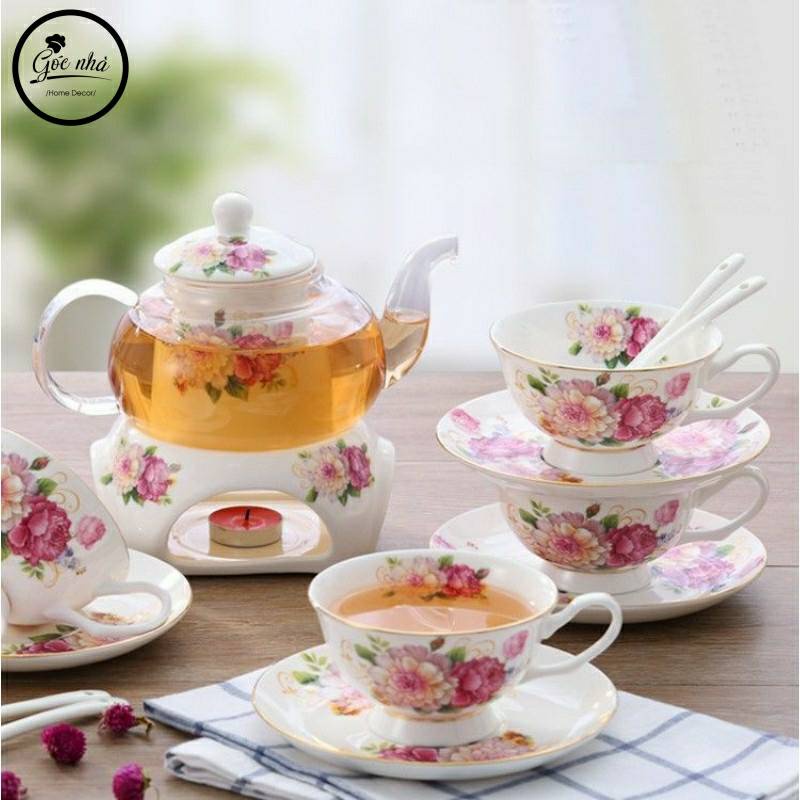 Colored floral porcelain tea Set with 6-cup candle holder with sharp ...