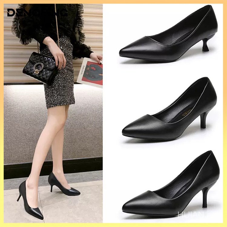 New women's black high heels professional shoes interview Stiletto Formal leather shoes medium