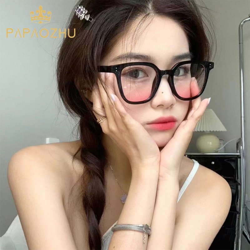 PAPAOZHU Korean Black Frame Pink Shade Lens Blush Sunglasses for Women Girls Beauty Eyeglasses