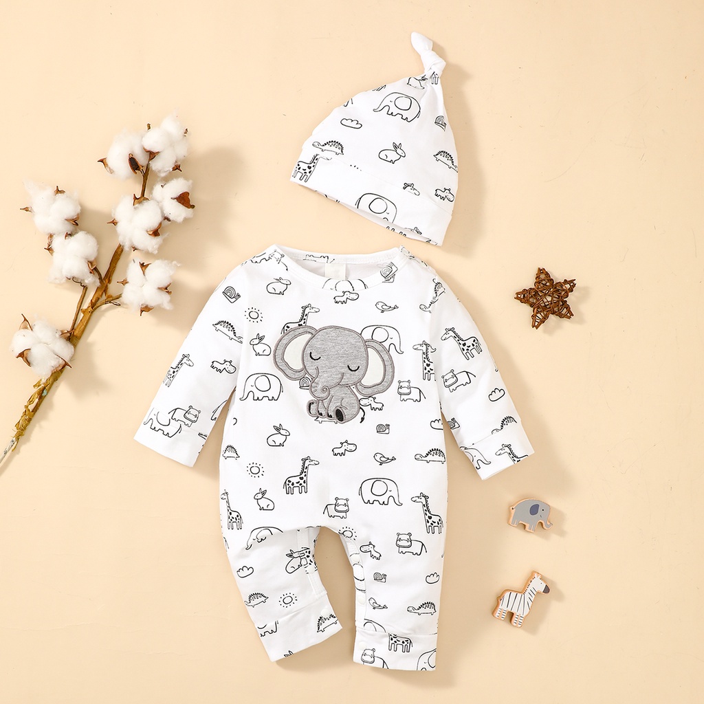 0-6Months Newborn Baju Baby Boy Bodysuit Elephant Animal Print Long Sleeve  Romper Jumpsuit with Hat Clothing