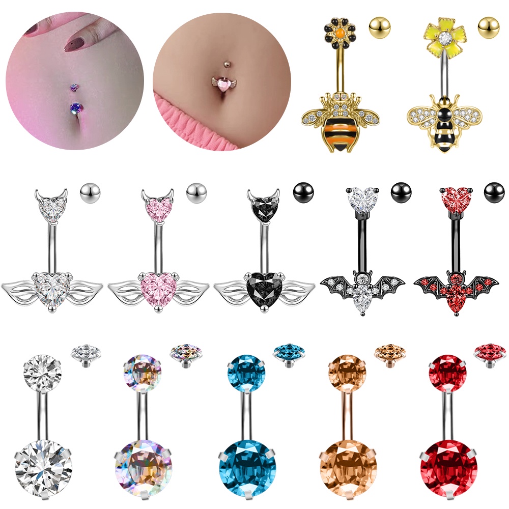 1 Pc Stainless Steel Color Crystal Belly Button Piercings Bee Bat Heart