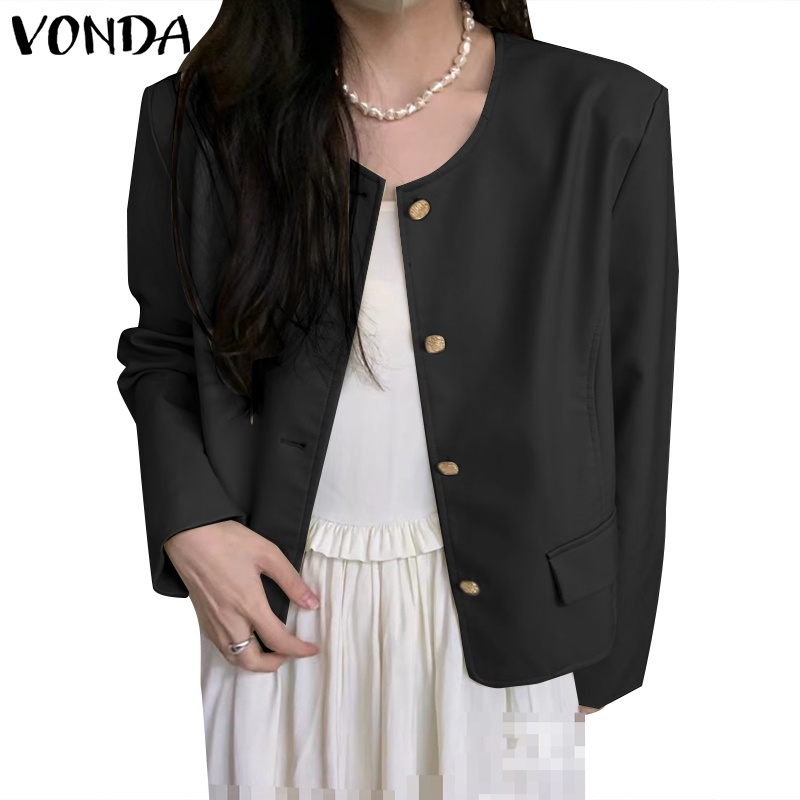 VONDA Women Korean Round Neck Long Sleeves Open Lapels Pocket Flaps H ...