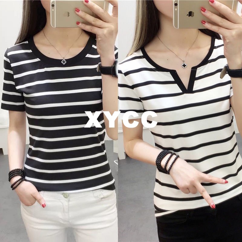 【X-style】Summer T-shirt Stripe V-leher Wanita Kapas Anjal Langsing ...