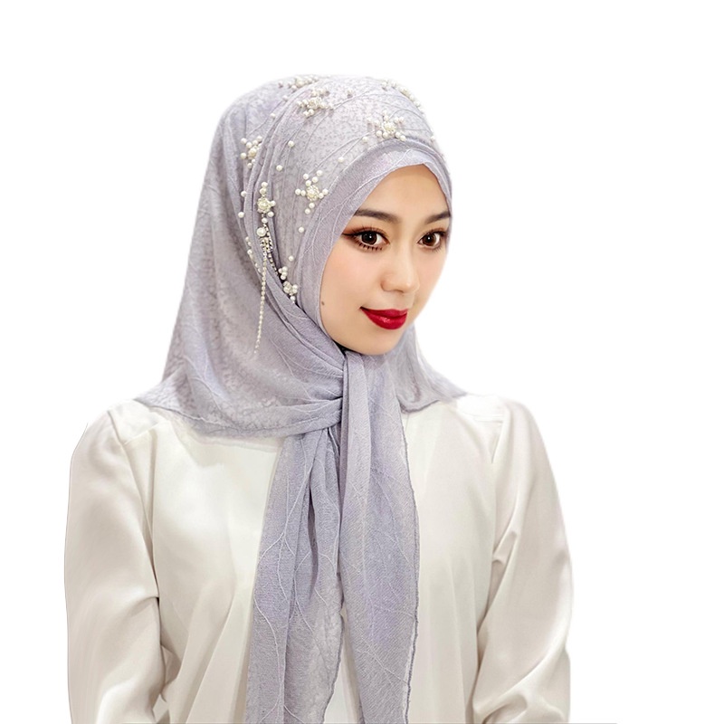 Malay Ladies Tassel Solid Color Headscarf Gold Beaded Flower Shawl Hat