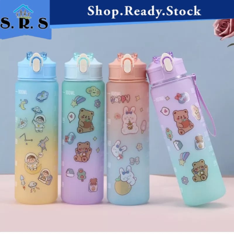 SRS_ Portable Cute Water Bottle Botol Air 900ml Water Bottle with Straw ...