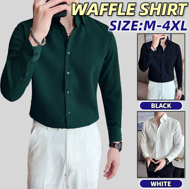 Men's Waffle Shirt Long Sleeve Long Sleeve Shirt SlimFit Uniqlo Black ...