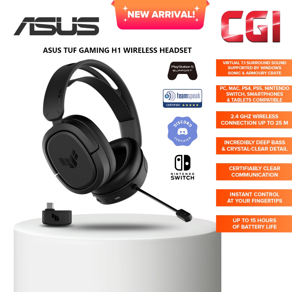 ASUS TUF Gaming H1 Wireless Headset (Discord Certified Mic, 7.1 Surround Sound, 40mm Drivers, 2.4GHz, USB-C, Lightweight, 15 Hour Battery Life, For PC, Mac, Switch, Mobile Devices, PS4, PS5)- Black