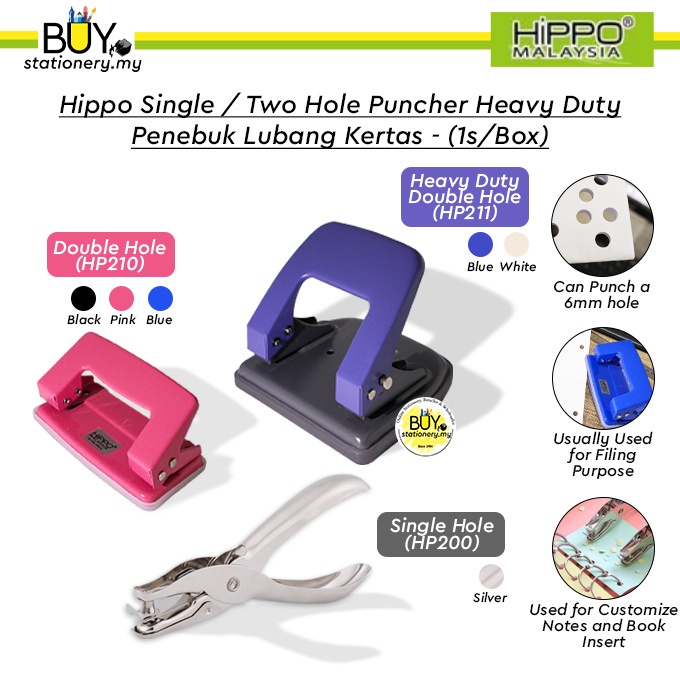 Hippo Single / Two Hole Puncher Heavy Duty Penebuk Lubang Kertas - (1s/Box)  Stationary 2 Hole Paper Punch Penebuk Kertas