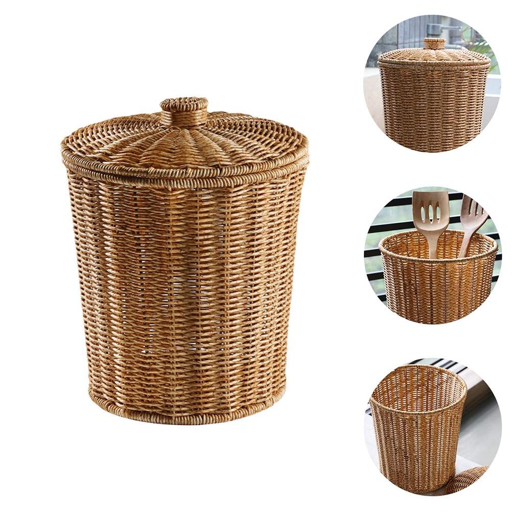 Plastic Garbage Can Lid Rattan Trash Waste Basket Bedroom Grocery Child