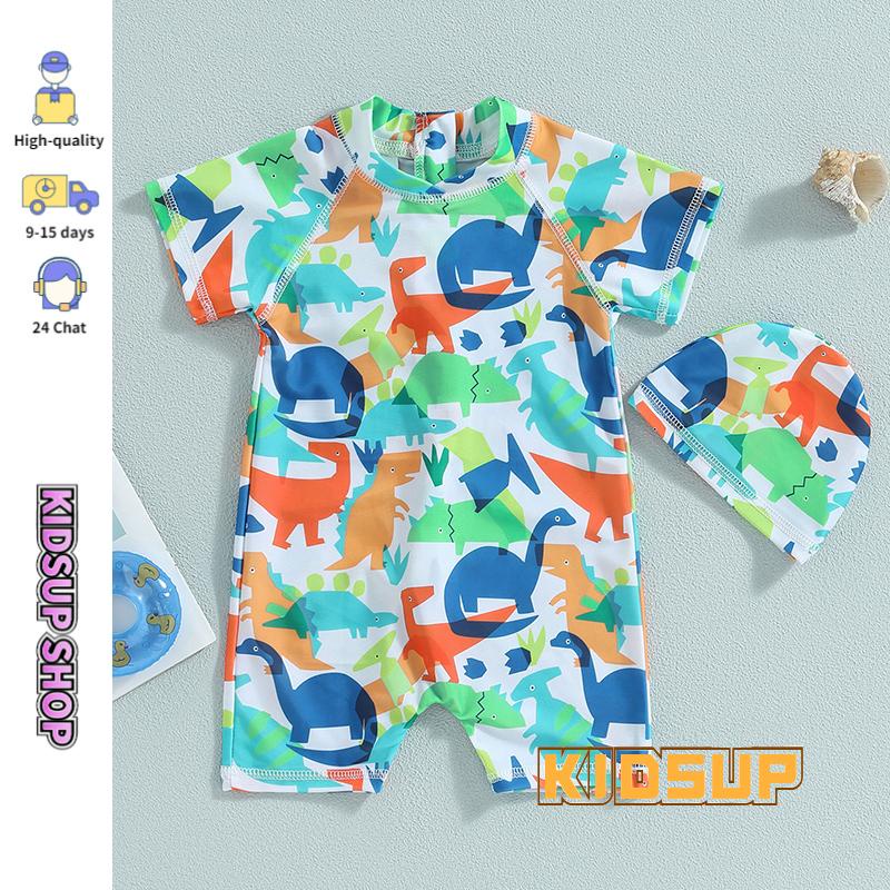 Babyhug Half Sleeves Legged Swimsuit with Cap Dino Print - Green main image 0