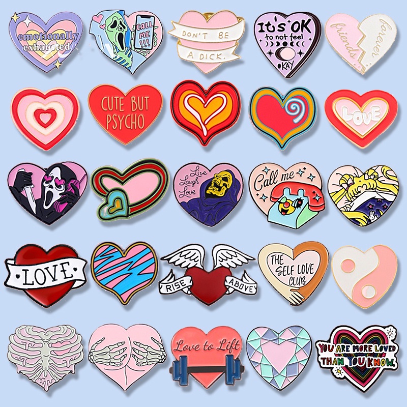 Lovely Sweet Pink Heart Enamel Brooch Geometric Lines Heart Shaped