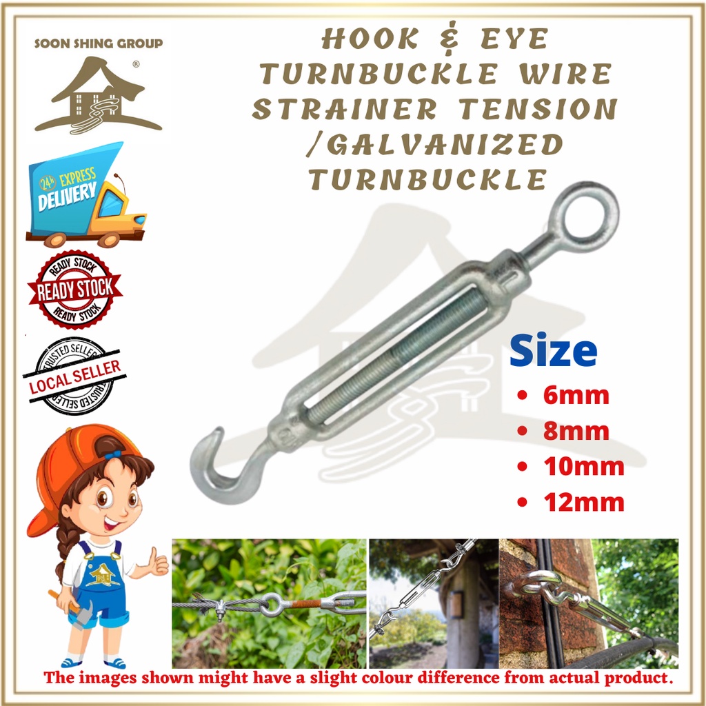 6MM, 8MM, 10MM, 12MM HOOK & EYE TURNBUCKLE WIRE STRAINER TENSION /  Galvanizer Turnbuckle