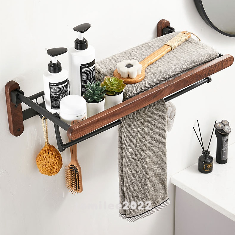 Solid Wood Bathroom Towel Rack PerforationFree Toilet WallMounted