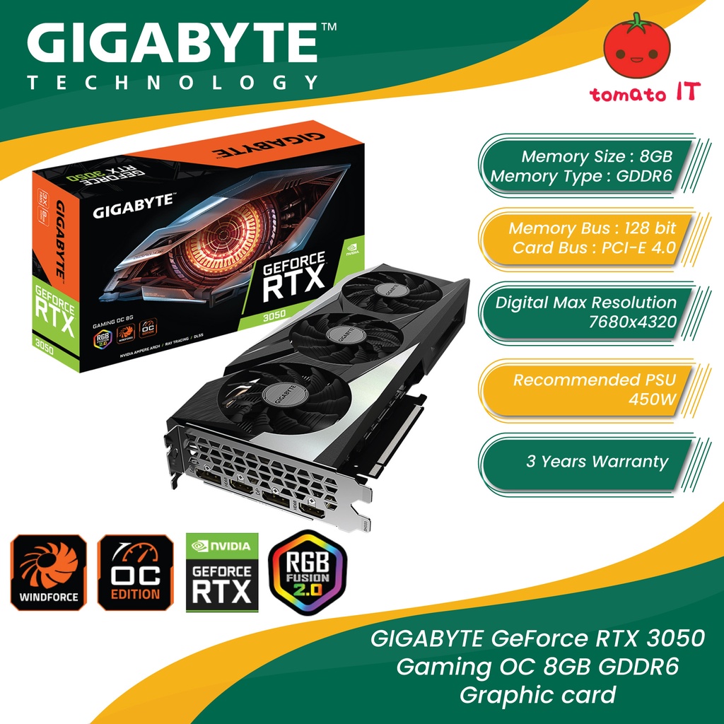 GIGABYTE RTX3050 Gaming OC 8GB GDDR6 128bit Graphic Card - GV ...