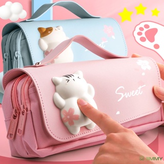 Cute Cat Decompression Pencil Case Big Pencil Box Portable Girls Pen Bag  Double Layer School Pouch Kawaii Stationery Pencil Case