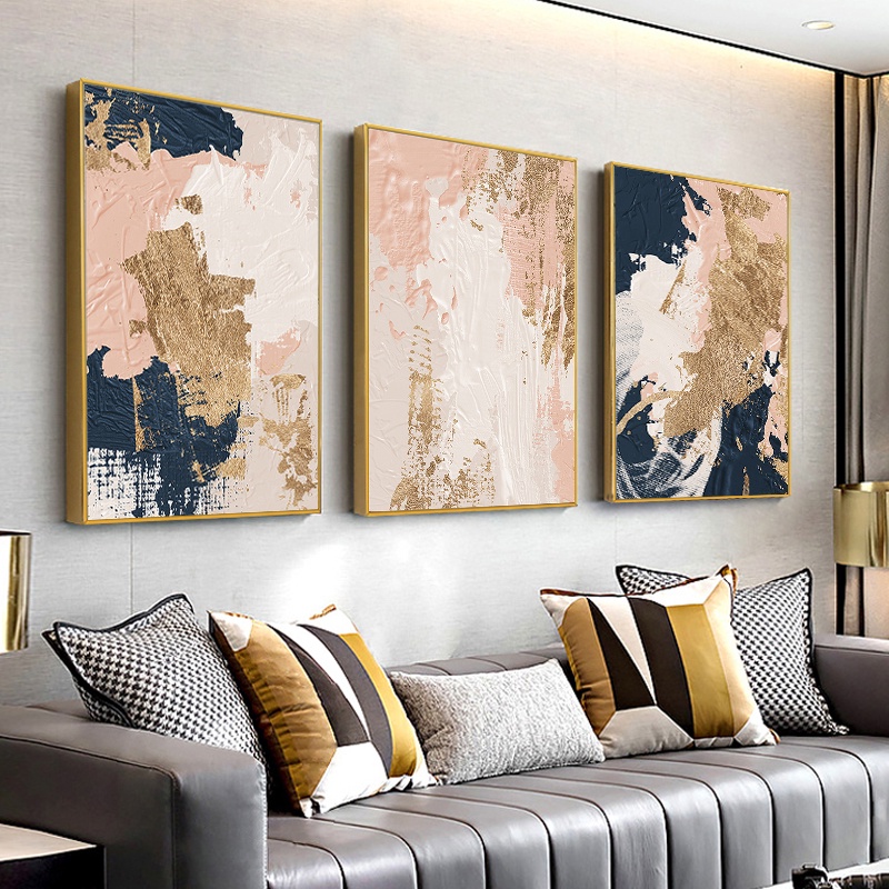 With Frame Nordic Blue Pink Gold Poster Abstract Canvas Painting