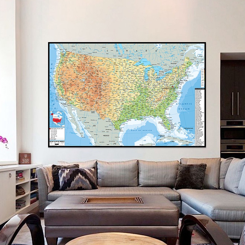 New # Frameless Geographic Map English Map USA Map Canvas Painting ...