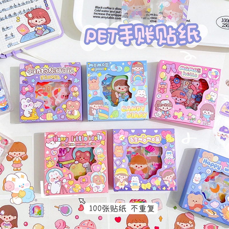 100 Sheets Handbook Sticker Set PET Waterproof Stickers Cute Goo Card ...
