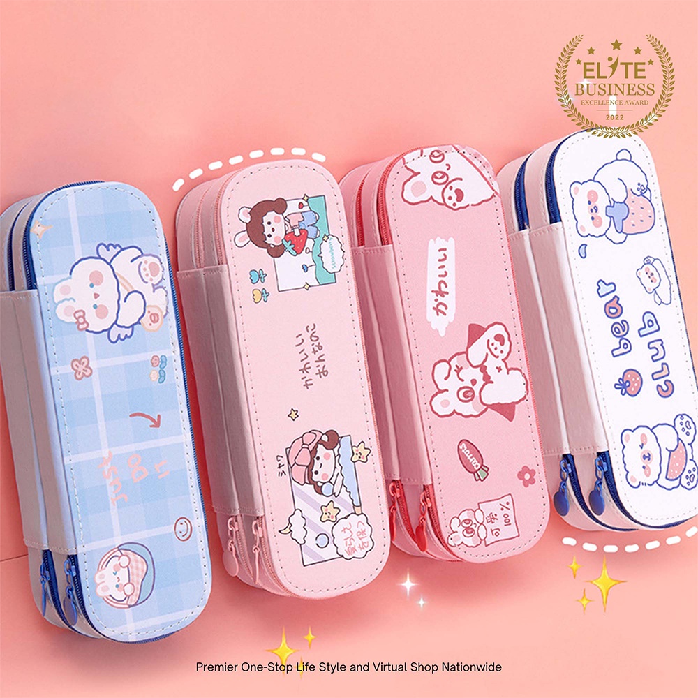 Multifunction Canvas Three Layer Pen Bag Zipper Pencil Case Cute