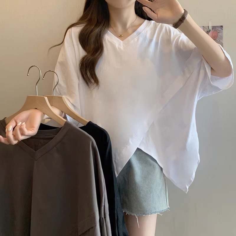 【Tshirt Oversize】(40-150kg) Cotton Irregular Split Batwing Short ...