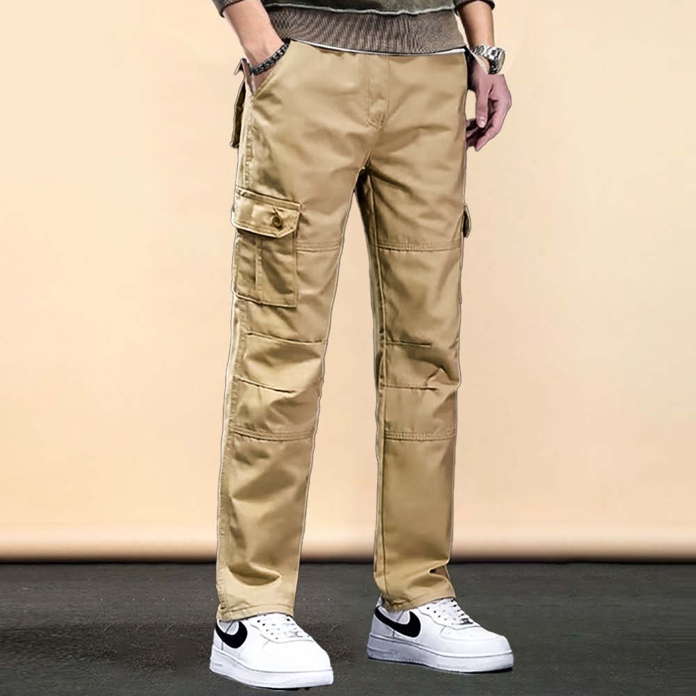 Khaki Straight Cut Cargo Pants Men American Work With Many Side Pockets ...