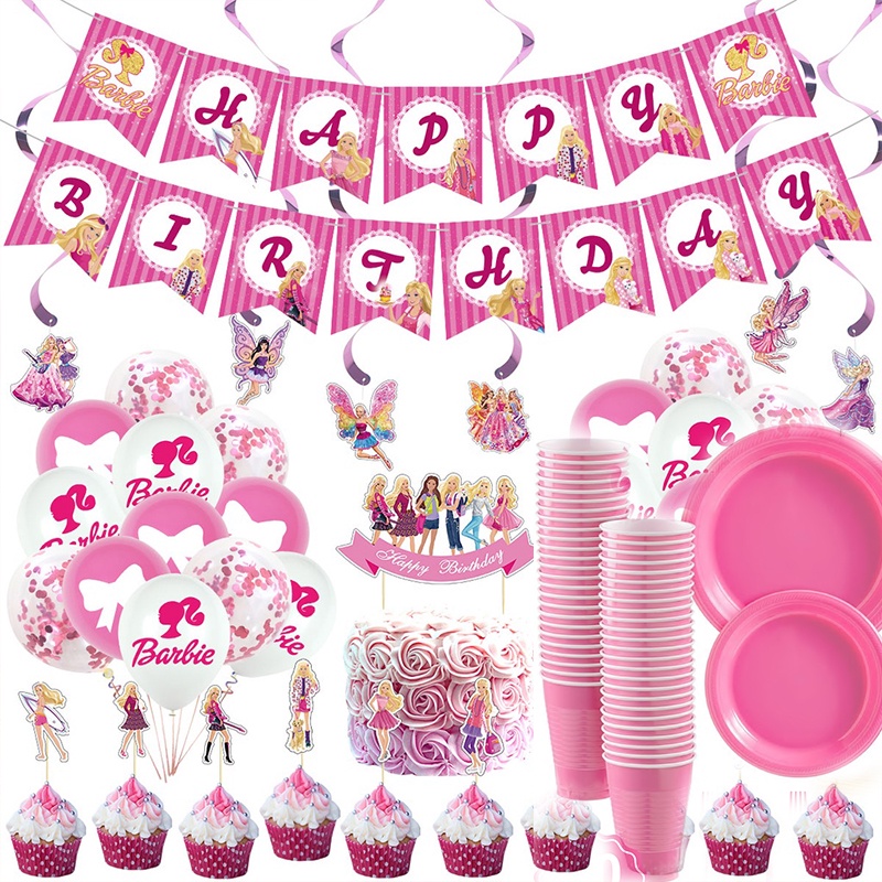 Rosa Pink Barbie Birthday Theme Tableware Plate Cup Cake Topper Banner ...