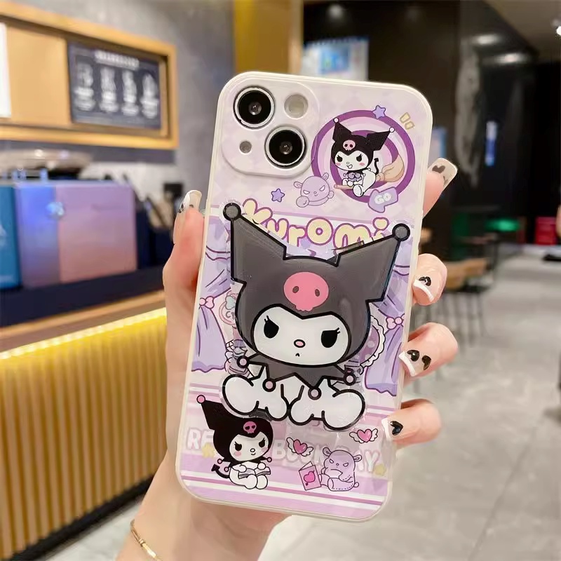 Casing For iPhone 17 Air 16e 15 14 Pro Max 13 12 mini 6S Plus 11 Pro  X XR XS Max se Cute Kuromi Cinnamoroll+Stand Silicone Phone Case