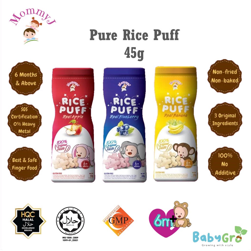 Mommy J Pure Rice Puffs 45g 6m+ (Apple / Banana / Blueberry ) | Shopee ...