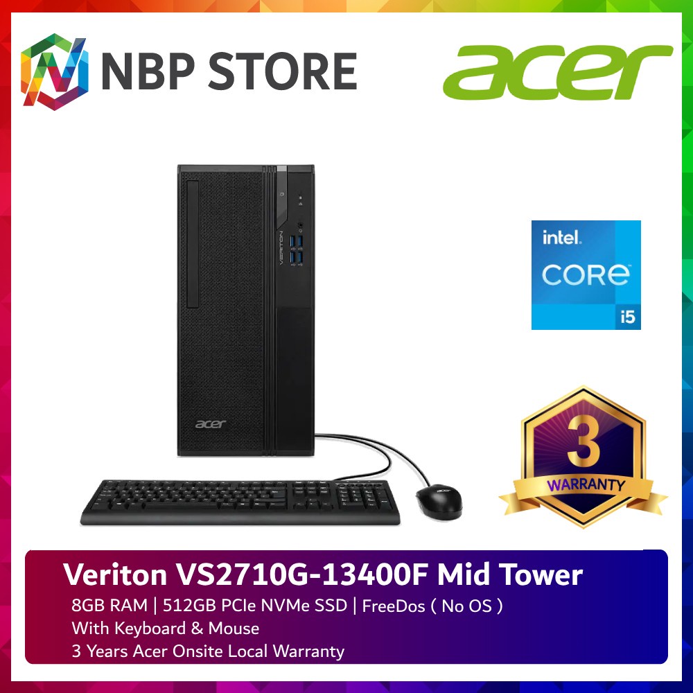 Acer Veriton VS2710G-13400F Mid Tower Desktop PC Black ( I5-13400, 8GB ...